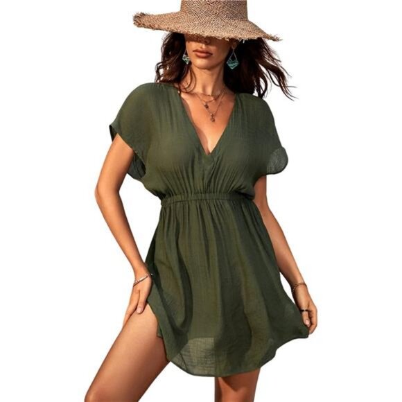 Women's Swimsuit Coverup Casual V Neck Beach Dress Short Sleeve Swim Cover Ups - Picture 1 of 7